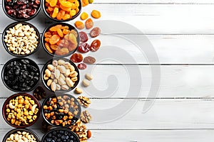 Dried fruits and nuts in bowls on white wooden background. Concept Healthy Snacks, Dried Fruits,