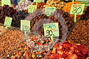 Dried fruits and nuts on Food Market.