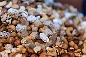 The dried fruits, nuts. juchela sold in a dried fruit store