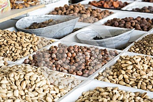 Dried fruits and nuts on local food market in Tashkent, Uzbekistan