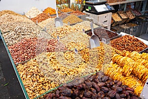 Dried fruits and nuts at Mahane Yehuda Market in Jerusalem, Israel