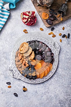 Dried fruits and nuts mix in a wooden bowl. Assortment of candied fruits. Judaic holiday Tu Bishvat. Copy space