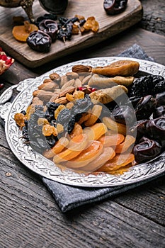 Dried fruits and nuts mix in a wooden bowl. Assortment of candied fruits. Judaic holiday Tu Bishvat. Copy space