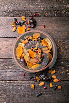 Dried fruits and nuts mix in a wooden bowl. Assortment of candied fruits. Judaic holiday Tu Bishvat. Copy space