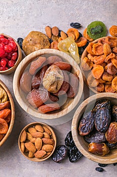 Dried fruits and nuts mix in a wooden bowl. Assortment of candied fruits. Judaic holiday Tu Bishvat. Copy space