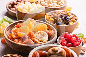 Dried fruits and nuts mix in a wooden bowl. Assortment of candied fruits. Judaic holiday Tu Bishvat. Copy space