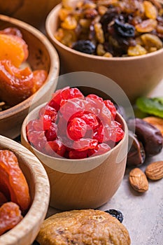 Dried fruits and nuts mix in a wooden bowl. Assortment of candied fruits. Judaic holiday Tu Bishvat. Copy space