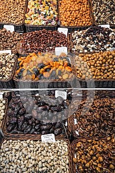 Dried fruits and nuts stall la boqueria market barcelona spain