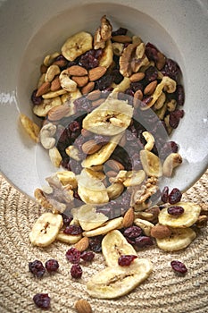 Dried fruits and nuts top view background