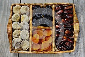 Dried fruits prunes dates apricots figs symbols of judaic holiday Tu Bishvat