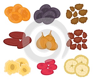 Dried fruits set, flat style. Raisins, apricots, prunes on a white background. Vector illustration, clip art