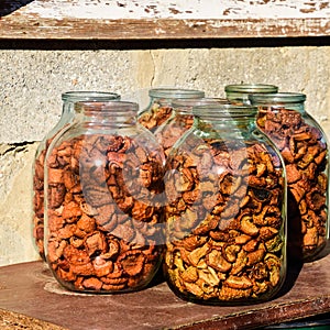 Dried fruits in the three-liter jar. Dried apples, cut into slic