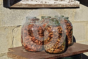 Dried fruits in the three-liter jar. Dried apples, cut into slices