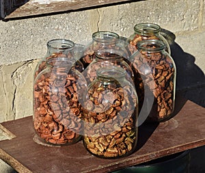 Dried fruits in the three-liter jar. Dried apples, cut into slices