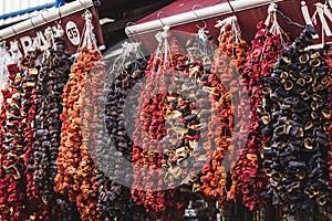 Dried fruits and vegetables hanging street market