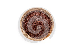 Dried garden cress seeds in bamboo basket isolated on white background.Top view flat lay.