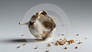 Photorealistic image of a broken seed single on a white background
