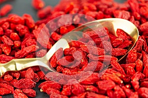 Dried goji berries in close up. Selective focus