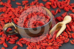 Dried goji berries in close up, selective focus