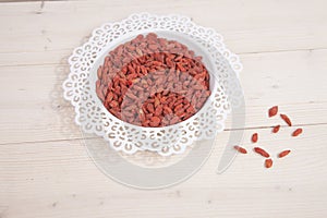 Dried goji berries in white bowl