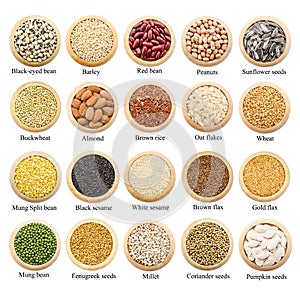 Dried grains, peas and rice collection with titles.