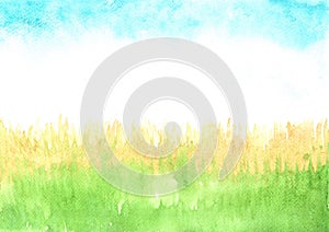 Dried grass filed with blue sky watercolor hand painting background.
