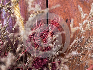 Dried grass on old brown wood with vintage style, Fresh colors of Hay flower for decoration