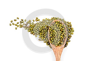 Green beans on a wooden spoon On a white background from the top corner.