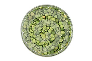 Dried green peas in a glass container