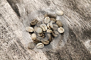 Dried Green Raw Coffee Beans Harvest Rustic Wooden Table, Countryside Grains, Craftsmanship, Exportation