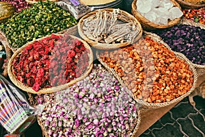 Dried herb flowers in the market of Marrakech, Morocco.