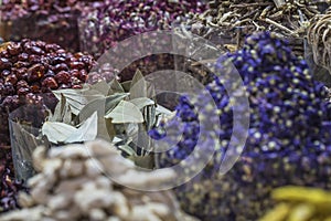 Dried herbs, flowers and arabic spices in the souk at Deira in D