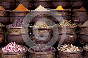 Dried herbs flowers spices in the Marrakesh