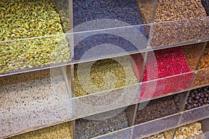 Dried herbs flowers spices in the spice souq at Deira