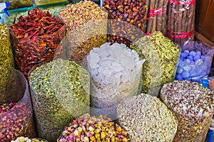Dried herbs flowers spices in the spice souq at Deira