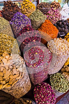 Dried herbs flowers spices in the spice souq at Deira