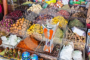 Dried herbs flowers spices in the spice souq at Deira