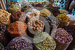 Dried herbs flowers spices in the spice souq at Deira