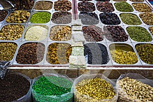 Dried herbs flowers spices in the spice souq at Deira