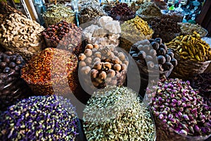 Dried herbs flowers spices in the spice souq at Deira