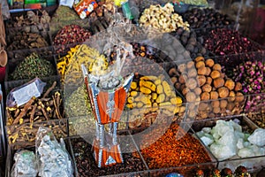 Dried herbs flowers spices in the spice souq at Deira