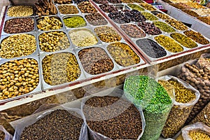 Dried herbs flowers spices in the spice souq at Deira