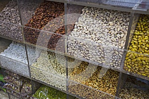 Dried herbs flowers spices in the spice souq at Deira