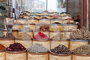 Dried herbs, flowers and spices at the spice souq at Deira in Dubai, UAE