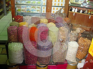 Dried herbs flowers spices in the spice souq at Deira UAE Dubai
