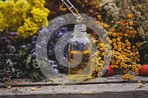 Dried herbs medicinal tinctures extracts in the garden. Selective focus.