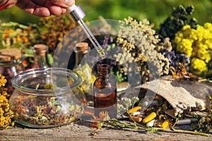 Dried herbs medicinal tinctures extracts in the garden. Selective focus.