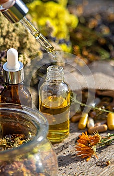 Dried herbs medicinal tinctures extracts in the garden. Selective focus.