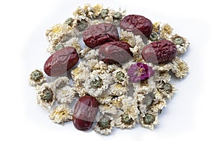 Dried jujube fruits, Chinese dates and Chinese chamomile flowers