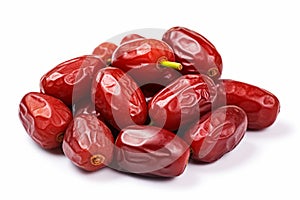 Dried jujube fruits isolated on white. Shiny red Ziziphus for healthy snacking. Chinese red date fruit. Concept of